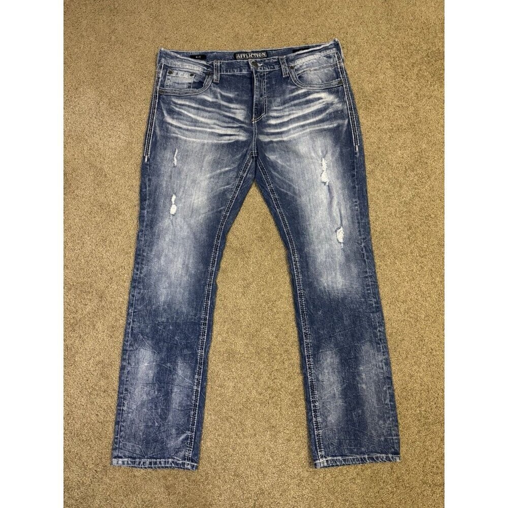 AFFLICTION Blue Ace Distressed Straight Leg Jeans Thick Workwear Rugged 40X33.5